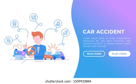 Insurance agent tells about car accidents. Web page template with thin line icons: crashed cars, traffic offense, warning triangle, turned over car. Modern vector illustration.