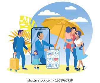 Insurance Agent and Two Families with Children. Man with Girl and Suitcase. Dad with Baby in Hands Hugging Wife. Insurance Policy. Vector Illustration. Reliable Protection. Insurance for whole Family.