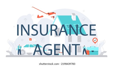 Insurance agent typographic header. Idea of security and protection of property and life from damage. Healthcare and medical service. Flat vector illustration