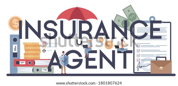 Insurance agent\
typographic header. Idea of security and protection of property and\
life from damage. Healthcare and medical service. Isolated flat\
vector illustration