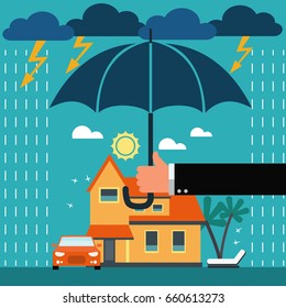 Insurance agent with umbrella under thunderstorm protecting house and car. Insurance, risk, crisis, financial problems, mortgages and banking service