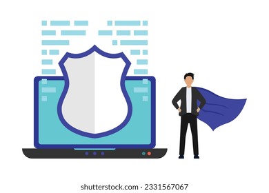 Insurance agent wearing cape with a shield concept. Defender security business metaphor 2d vector illustration concept for banner, website, illustration, landing page, flyer, etc.