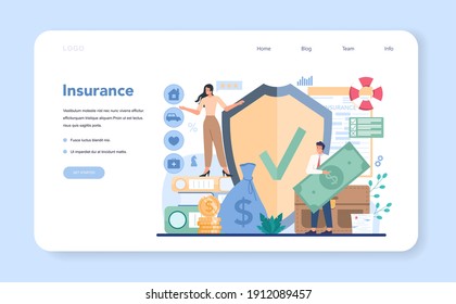Insurance agent web banner or landing page. Idea of protection of property and life from damage. Damage appraisal and contract formation. Medical service. Isolated flat vector illustration
