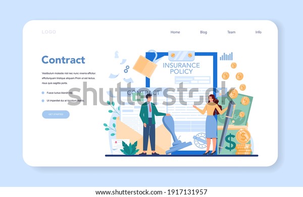 Insurance agent web banner or\
landing page. Idea of protection of property and life from damage.\
Contract formation. Medical service. Isolated flat vector\
illustration