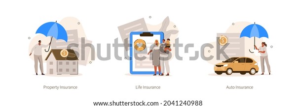 Insurance\
agents presenting auto, life and property insurance policies.\
Characters covering car and house with umbrella. Flat cartoon\
vector illustration and icons set isolated.\
