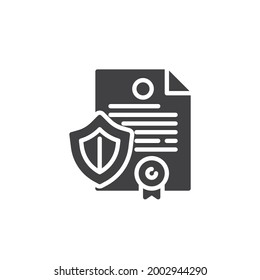 Insurance agreement document vector icon. filled flat sign for mobile concept and web design. Contract document with shield glyph icon. Symbol, logo illustration. Vector graphics