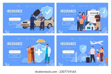 Insurance for all occasions. Financial protection for transportation, health, and real estate. Compensation for accidents. Vector illustration