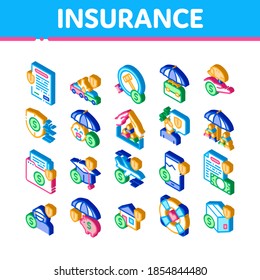 Insurance All-purpose Icons Set Vector. Isometric Insurance Agreement For Protection House And Car, Health And Life, Phone And Lost Work Illustrations
