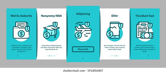 Insurance All-purpose Onboarding Mobile App Page Screen Vector. Insurance Agreement For Protection House And Car, Health And Life, Phone And Lost Work Illustrations