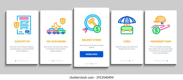 Insurance All-purpose Onboarding Mobile App Page Screen Vector. Insurance Agreement For Protection House And Car, Health And Life, Phone And Lost Work Illustrations