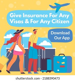 Insurance for any citizen and visa, download application and protect your trip. Summer vacation and rest abroad. Woman and man with baggage ready for traveling adventure. Vector in flat style