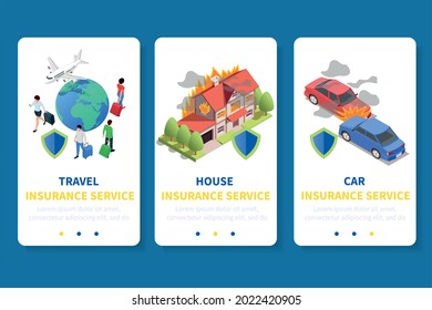 Insurance app design isometric set of three vertical banners with page switch buttons images and text vector illustration