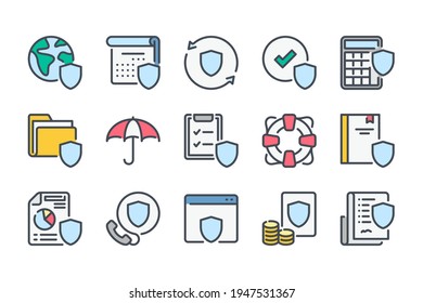 Insurance and assurance color line icon set. Insurance case and security service linear icons. Emergency protection and safety colorful outline vector sign collection.