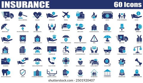 Insurance and Assurance colorful icon set. Editable Set of 60 Insurance and Assurance web icons in line style. High quality business icon set of Insurance