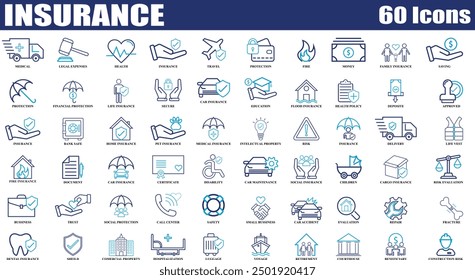 Insurance and Assurance colorful icon set. Editable Set of 60 Insurance and Assurance web icons in line style. High quality business icon set of Insurance