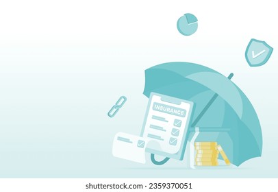 Formular für Versicherungs- und Versicherungsunterlagen. Geschäftsbedingungen, Rechtsvereinbarung, Versicherungsliste, Fragebogen, Schadensversicherung, Finanzpläne. Flache Vektordesign-Illustration mit Kopienraum.
