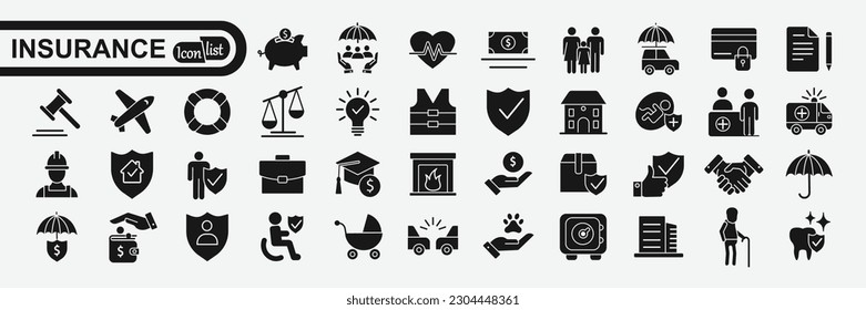 Insurance and assurance icon set. Containing healthcare medical, life, car, home, travel insurance icons. Solid icons vector collection

