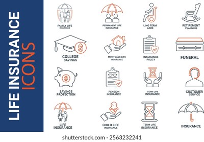 Insurance and assurance icon set. Containing healthcare medical, life, car, home, travel insurance icons. Solid icons vector collection.
