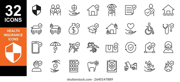 Insurance and assurance icon set. Containing healthcare medical, life, car, home, travel insurance icons