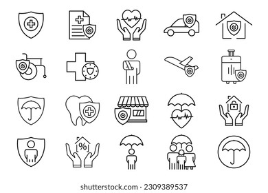 Juego de iconos de seguros y seguros. seguro de salud, viajes, alquileres, seguro de vida. Diseño de estilo de icono de línea. Diseño de vector simple editable