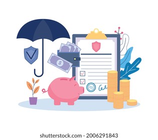 Insurance and assurance indemnity banner with belay policy and various symbols of protection and money, flat vector illustration isolated on white background.