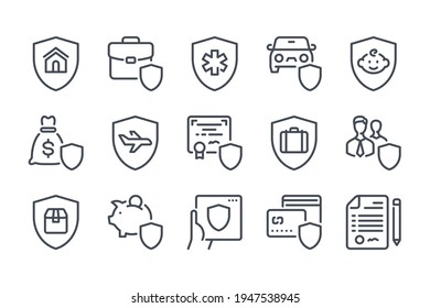 Insurance and assurance line icon set. Insurance case and security service linear icons. Emergency protection and safety outline vector sign collection.