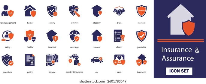 Insurance and assurance vector icon set. with Premium, Guarantee, Policy, health, safety and filled icon collection