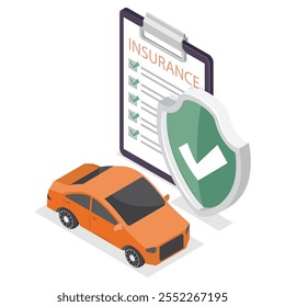 Insurance auto policy concept. Document report with shield and car. Vector illustration in isometric style
