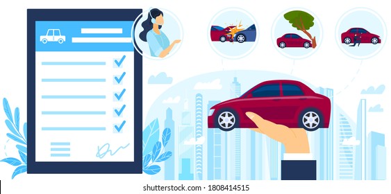 Insurance Auto Service Protection Vector Illustration. Cartoon Flat Businessman Hand Holding Car Automobile, Protecting Vehicle From Accidents And Crimes, Online Insurance Policy Form Background