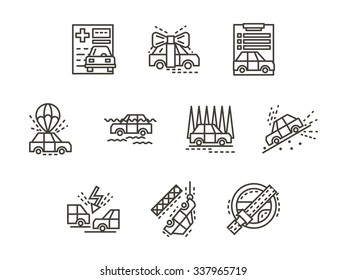 Insurance for automobile. Flood, car crash, buying car, evacuation, disaster and other cases for insurance claims. Black simple line vector icons set. Elements of web design for business and site.