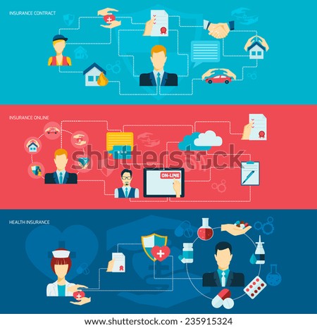 Insurance banner flat set with contract property online health care symbols isolated vector illustration