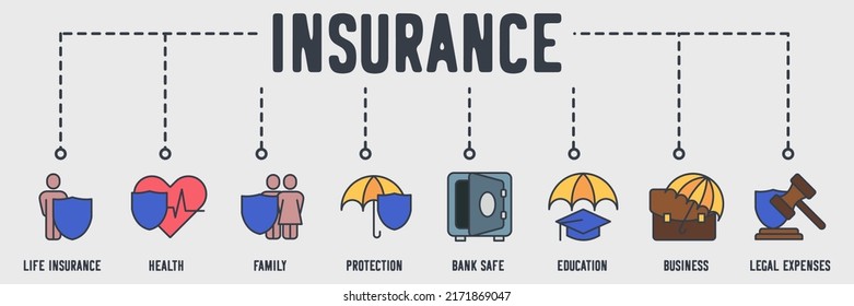 Insurance Banner Web Icon. Life Insurance, Health, Family, Protection, Bank Safe, Education, Business, Legal Expense Vector Illustration Concept.