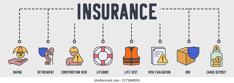 insurance banner web icon. saving, retirement, construction risk, lifebuoy, life vest, risk evaluation, cargo deposit vector illustration concept.