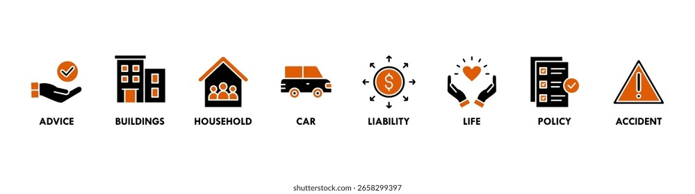 Ilustração de vetor de ícone da web de banner de seguro com ícone de conselho, edifícios, casa, carro, responsabilidade, vida, política e acidente
