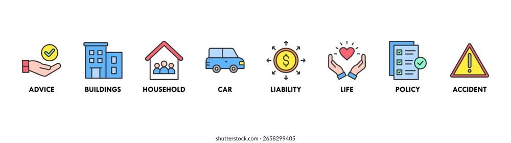 Concepto de Ilustración vectorial del icono del Web del Anuncio del seguro con el icono del consejo, edificios, hogar, coche, responsabilidad, vida, póliza y accidente