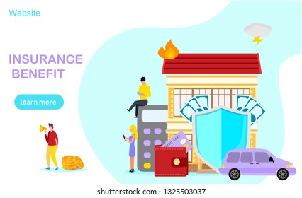 Insurance benegit, property and health insurance vector concept, agent with big umbrella cover house car and money. It can be used for landing page, template, ui, web, mobile app, poster, banner.