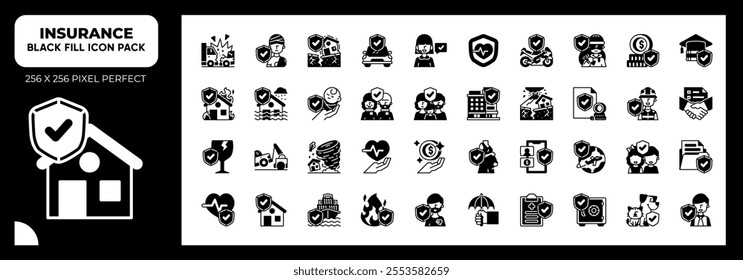 Insurance Black FIll Icons Pack, Contain Such as Car Insurance, Family Insurance, Insurance Police and More