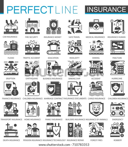Insurance black mini\
concept symbols. Accident protection modern icon pictogram vector\
illustrations set.