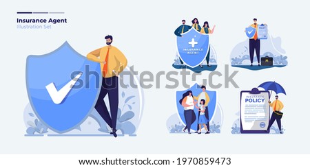Insurance broker agent illustration set with family protection care, insurance agent profile and policy concept