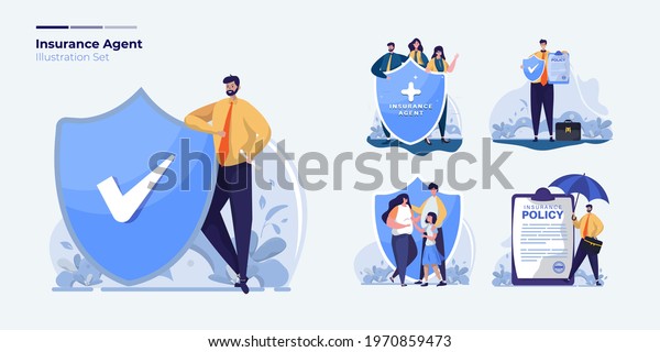 Insurance\
broker agent illustration set with family protection care,\
insurance agent profile and policy\
concept