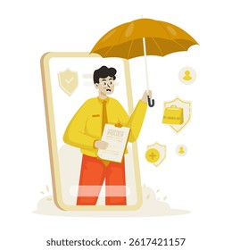 Insurance broker character holding umbrella, Insurance protection application, Vector illustration