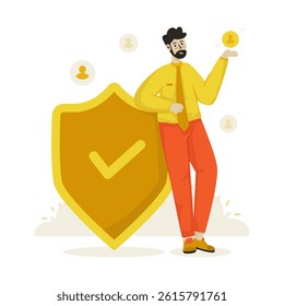 Insurance broker character standing next to shield, Client protection service, Vector illustration