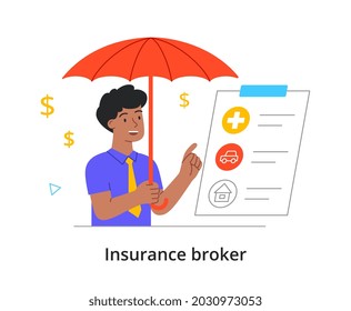 Insurance broker concept. Man with umbrella in hands talks about real estate, health and car insurance. Protection against unforeseen situations. Cartoon flat vector illustration on white background
