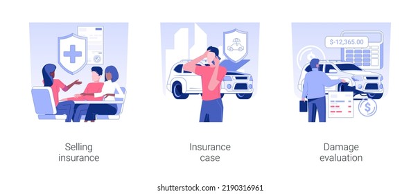 Insurance Broker Isolated Concept Vector Illustration Set. Selling Peer To Peer Insurance, Broken Car Insurance Case, Injured Vehicle Damage Evaluation, Emergency Support Vector Cartoon.