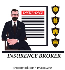 An insurance broker offers life, home, car, and financial asset insurance. Insurance contract. Stock vector illustration.