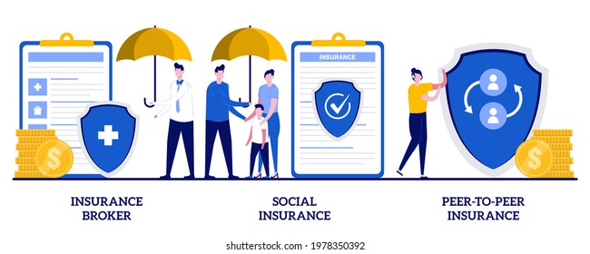 Insurance broker, social insurance, peer-to-peer insurance concept with tiny people. Risk insurance vector illustration set. Emergency risk, unemployment and income loss, pension trust fund metaphor.