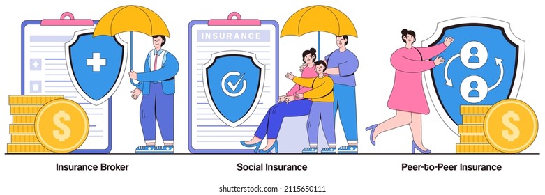 Insurance broker, social insurance, peer-to-peer insurance concept with tiny people. Risk insurance vector illustration set. Emergency risk, unemployment and income loss, pension trust fund metaphor.