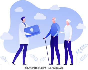 Insurance Business For Senior People. Health And Retirement Life Policy Concept. Vector Flat Person Illustration. Old Family And Doctor On Sky Background. Design Element For Banner, Poster, Web.