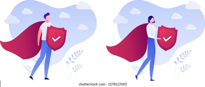 Insurance business. Super protection policy concept. Vector flat person illustration. Male and female superhero in red hero coat with shield on white background. Design element for banner, poster, web