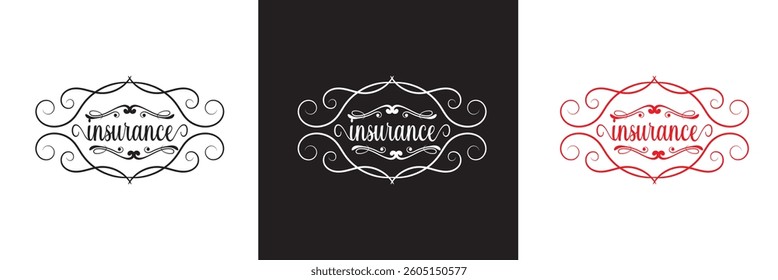 Insurance calligraphy lettering black, white and red ink . Vector illustration. isolated on white and black background. EPS 10 